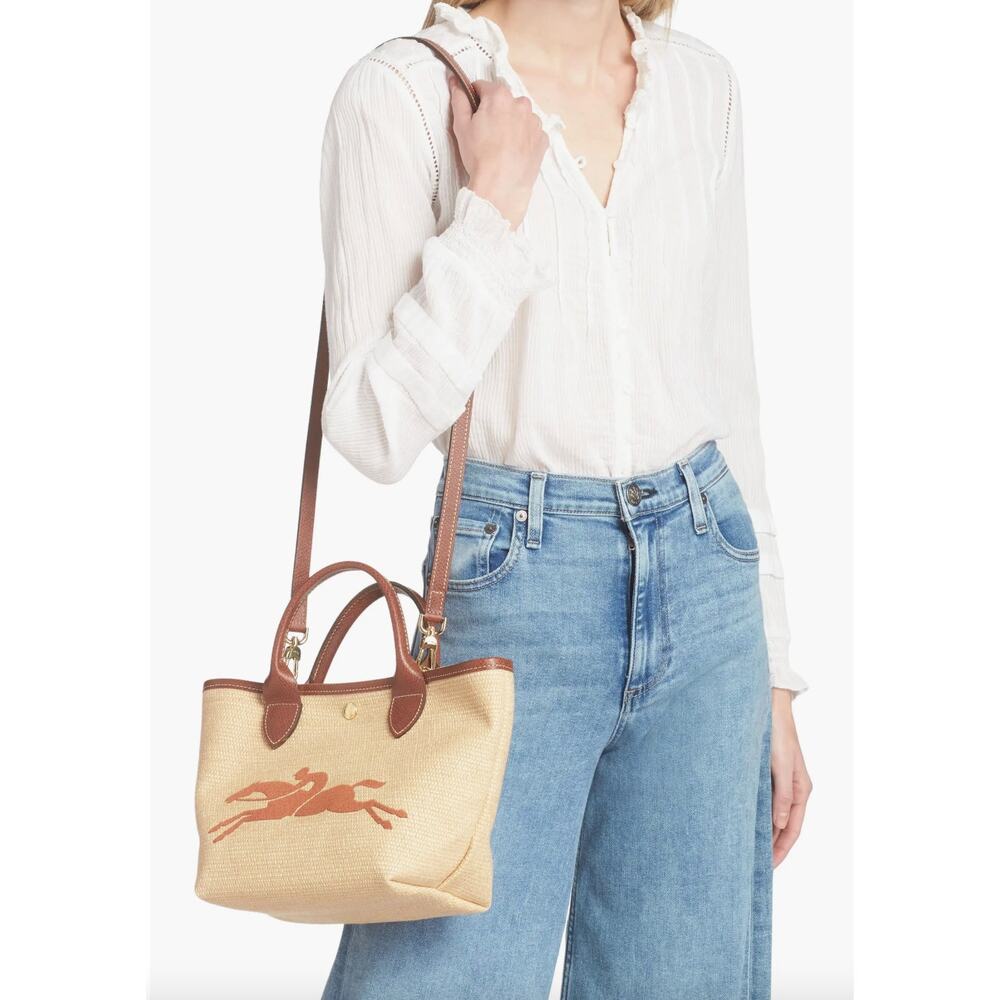Longchamp Pannier Pliage Top Handle Shoulder Tote Bag Raffia Leather Crossbody